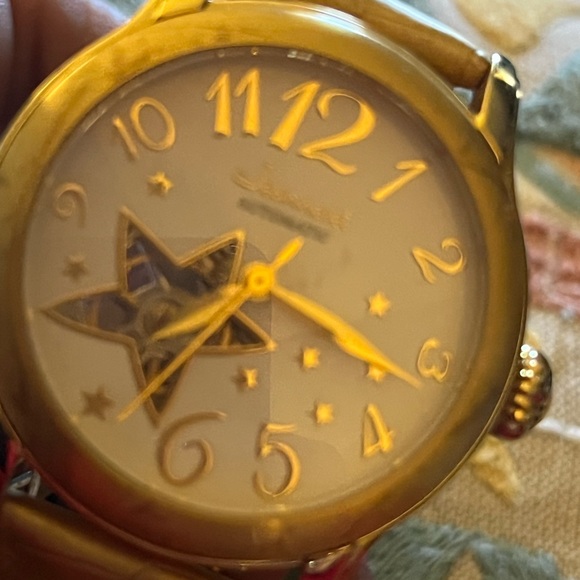 JEANERET 🔥SKELETON WATCH GORGEOUS VINTAGE WATCH STAR CUTOUT WINDOW leather - Picture 8 of 9